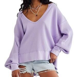 Free People We The Free Oversized Waffle Knit Buttercup Thermal in Luxe Lilac